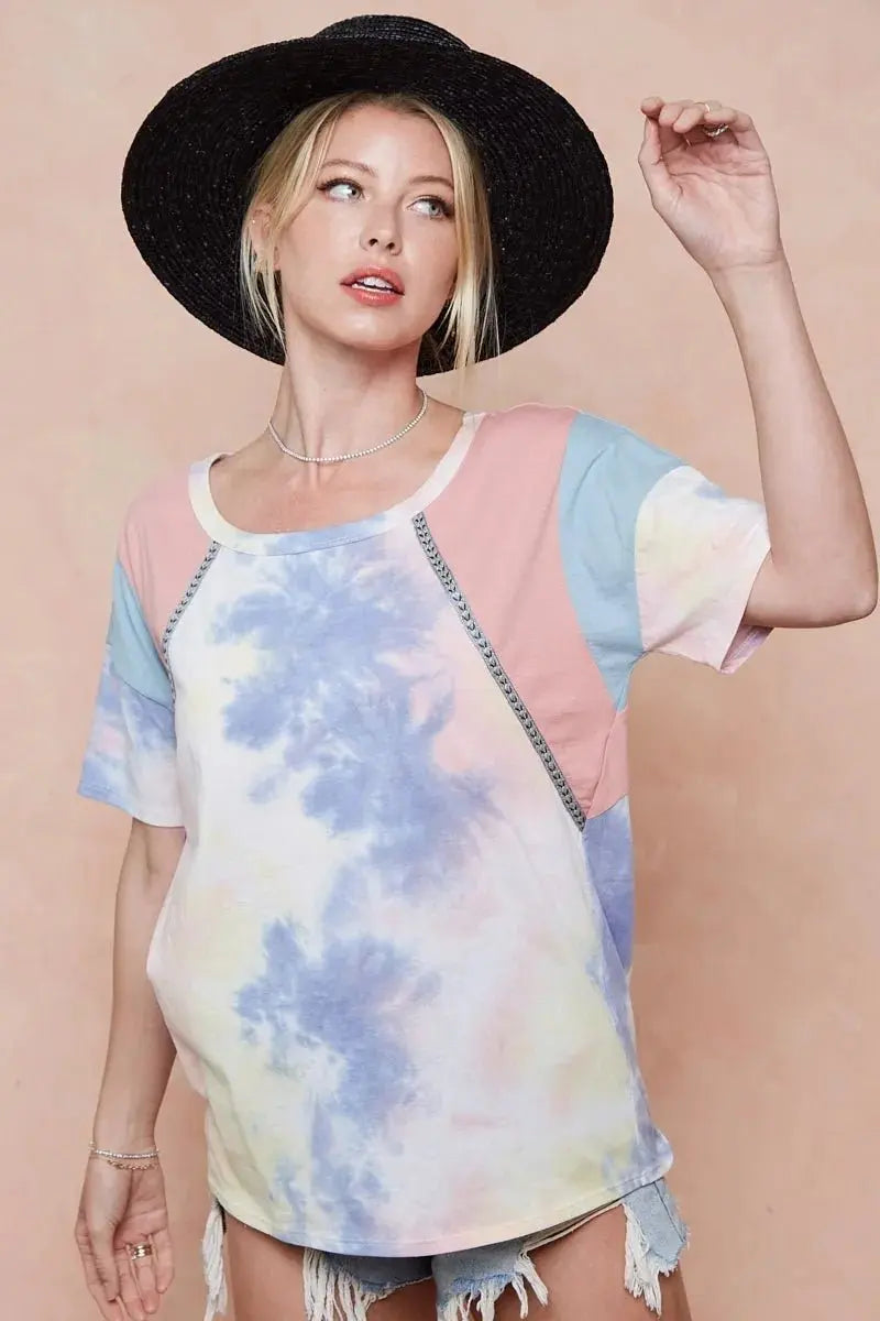BiBi Tie Dye Printed Cotton Color Block T-Shirt for Women - Love Salve